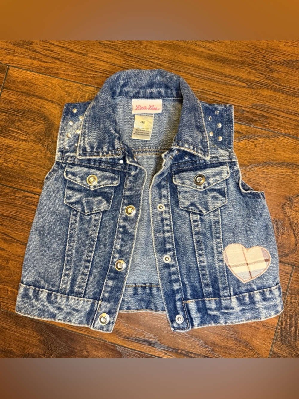 VTG Style Little Lass 24M Denim Vest Studded Acid Wash Plaid Heart Patch Boho